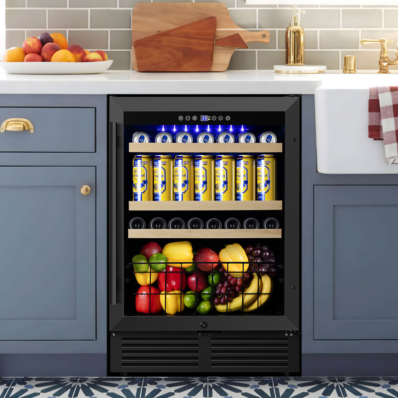 24 inch beverage refrigerator - 160 can built-in/freestanding beverage cooler undercounter fridge with metal basket & reversible glass door