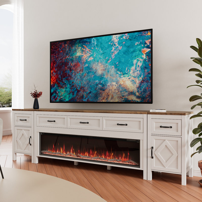 farmhouse tv stand with fireplace for tvs up to 100 inch,entertainment center with 60\\\" electric fireplace,98\\\" tv console with storage cabinet drawers for living room(off white)\n\nincomplete 