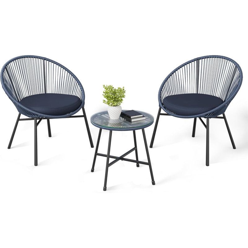 3 Piece Acapulco Chair Glass Top Side Table and 2 Chairs with Cushions PE Rattan All-Weather Patio Conversation Bistro Set for Patio Garden