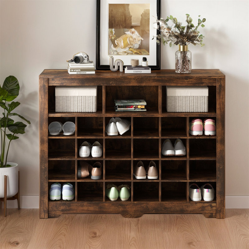 modern 24-cubby shoe cabinet & sideboard – curved base storage console for entryway, living room, or bedroom