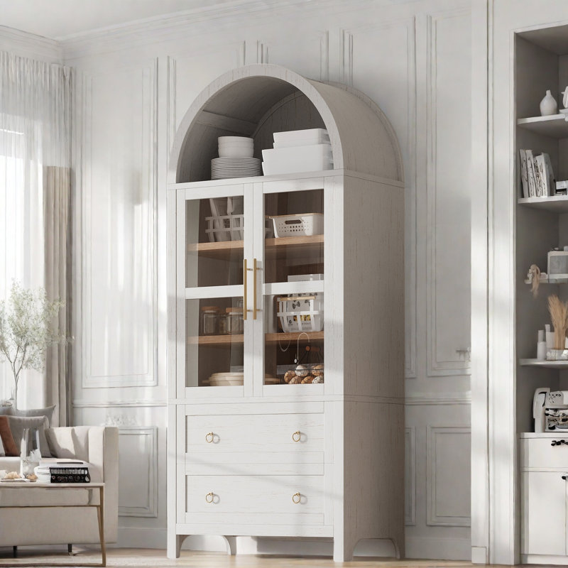 Tall Arched Kitchen Pantry Cabinet With 2 Large Drawers, Adjustable Shelves And Glass Door