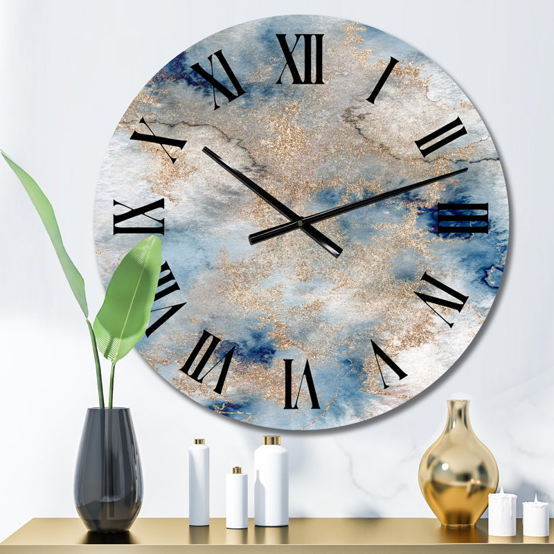 blue and gold marble clouds i - modern wall clock