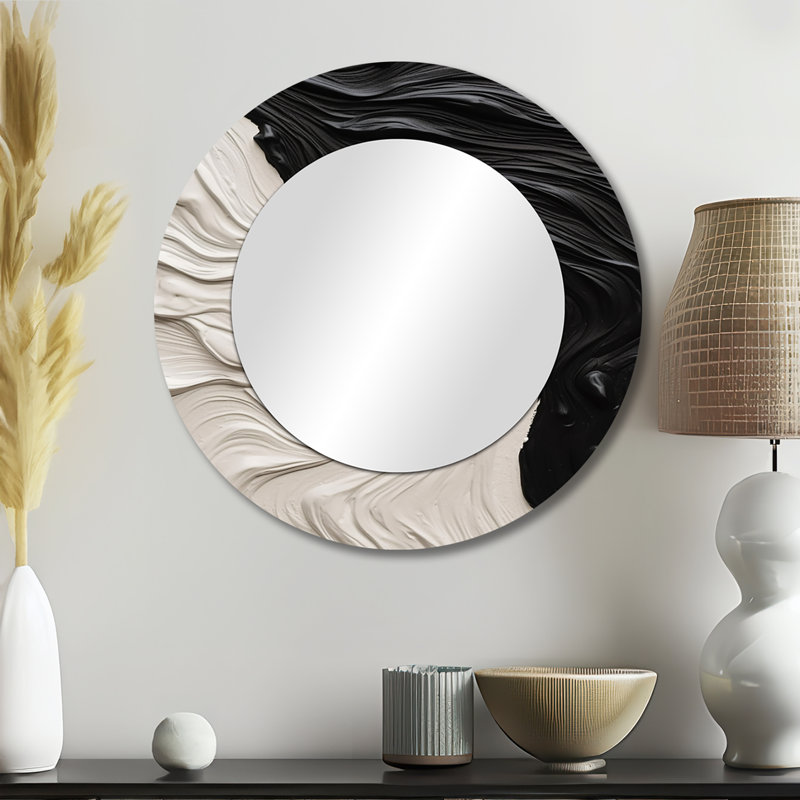 Presious Black White Marbled Dreamscape II - Geometric Large Mirror, Black Round Decorative Wall Mirror, Printed Metal Art INCOMPLETE 