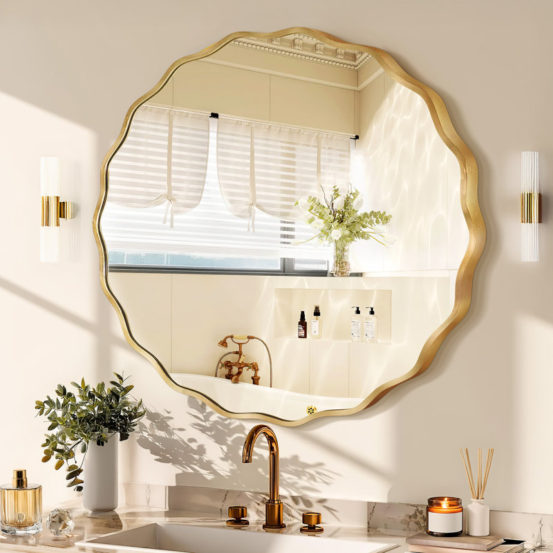 Aluminum Round Wavy Wall Mirror – Modern Metal Frame Decorative Mirror for Living Room, Bedroom, Entryway INCOMPLETE 