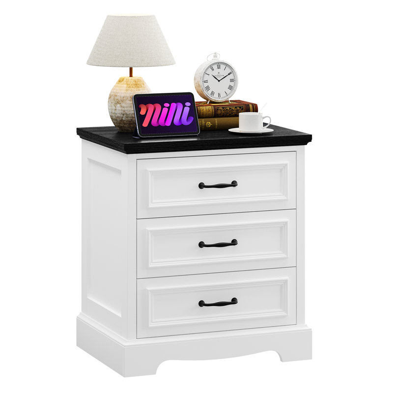 Farmhouse Nightstand With Charging Station, Wide End Table With 3 Large Drawer For Bedroom Modern Bedside Table Storage Cabinet,Wood Small Dresser Drawer Chest For Living Room, Closet,Hallway, Office Entryway