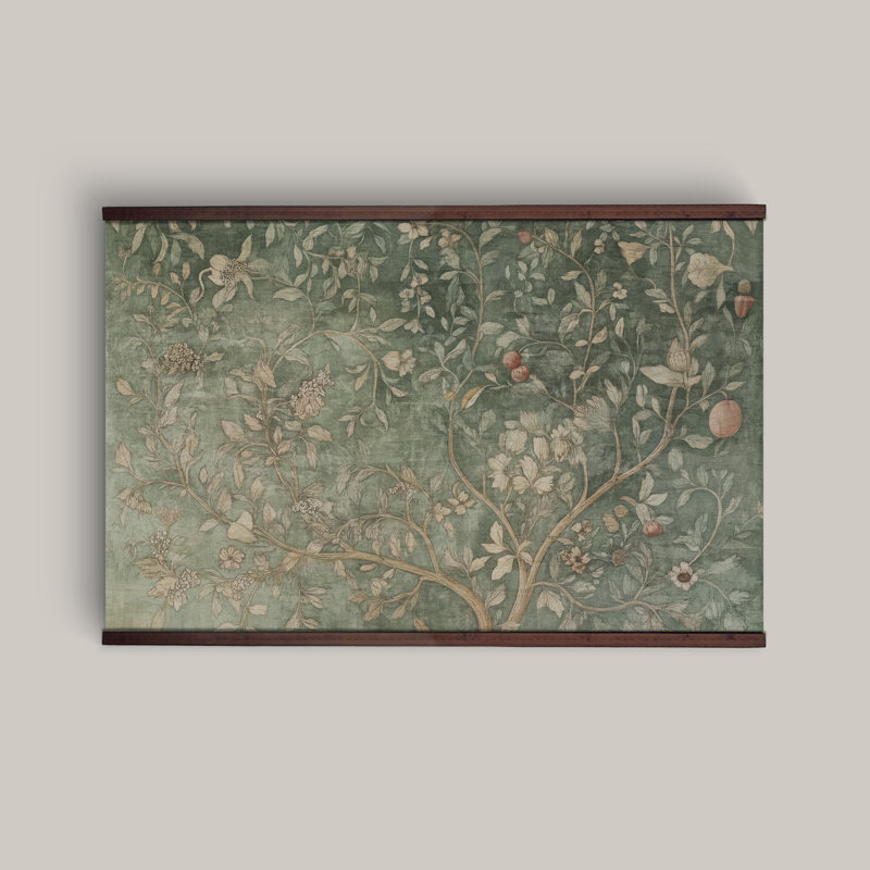 Vintage Botanical Wall Tapestry in Sage Green – Nature-Inspired Floral Art with Wood Hanger