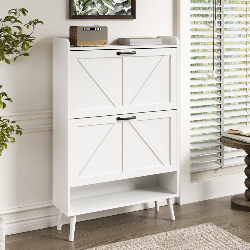 Shoe Storage Cabinet With 2 Flip Drawers, Freestanding Farmhouse Shoe Organizer Cabinet
