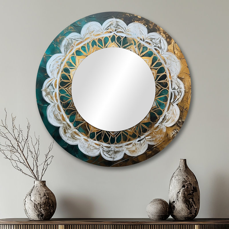 Prasun Teal And Gold Mandala I - Boho Mandala Unique Wall Mirror, Traditional Round Mirror, Printed Metal Art