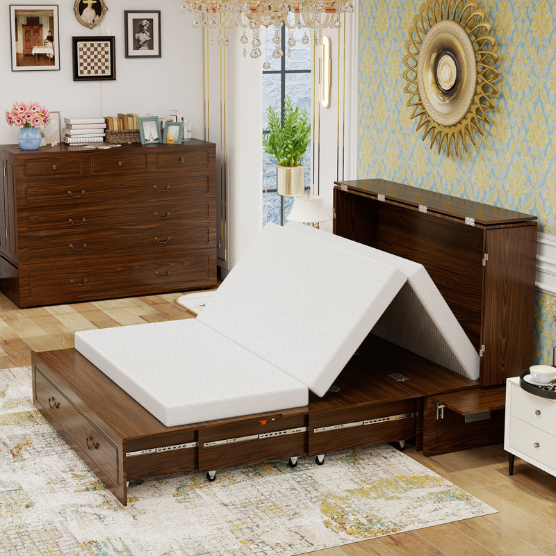 queen size murphy bed chest with 4" foldable mattress, built-in charger