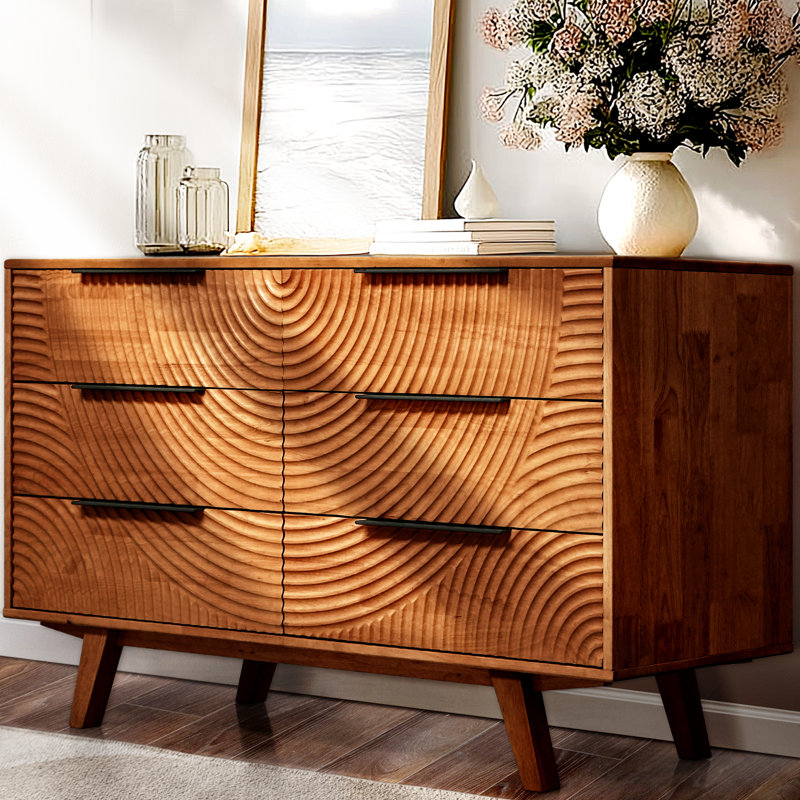ACACIA Harmony 6-Drawer Dresser – Solid Wood Bedroom Dresser With CNC Circle Pattern – Zen Sand Garden Inspired, Mid-Century Wide Chest