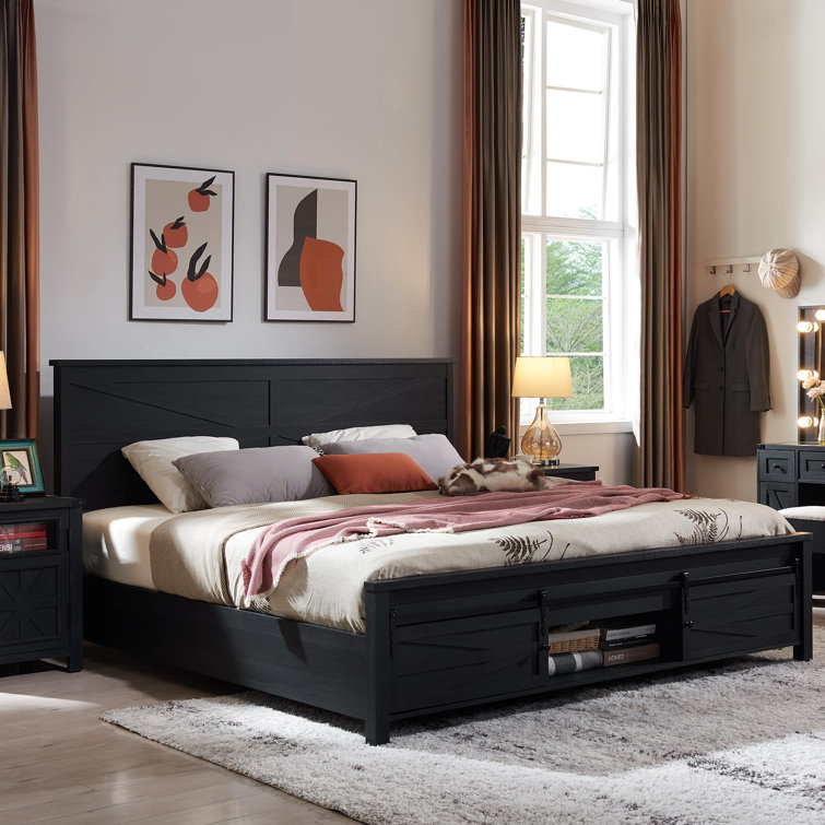 argana farmhouse wood bed frame with headboard and sliding barn door storage cabinets