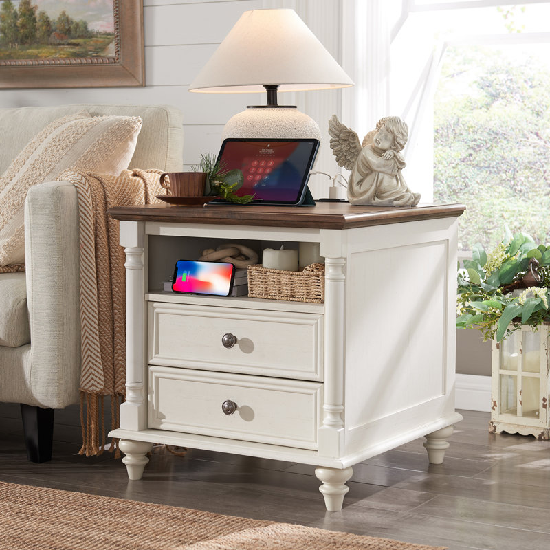 Rushville Farmhouse 2 - Drawers Nightstand with Charging Station, Tall Rustic Wood Square End Table with Open Shelf INCOMPLETE  SIMILAR 
