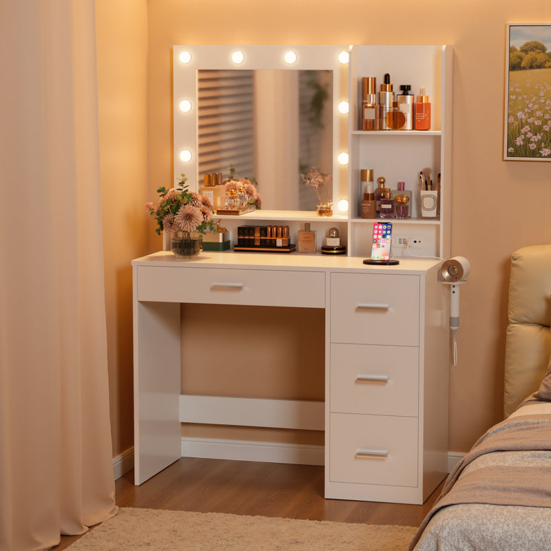 Borko Makeup Vanity With Lights,Vanity desk with Mirror and Power Outlet,Dresser Table with Drawers and Open Shelves INCOMPLETE 