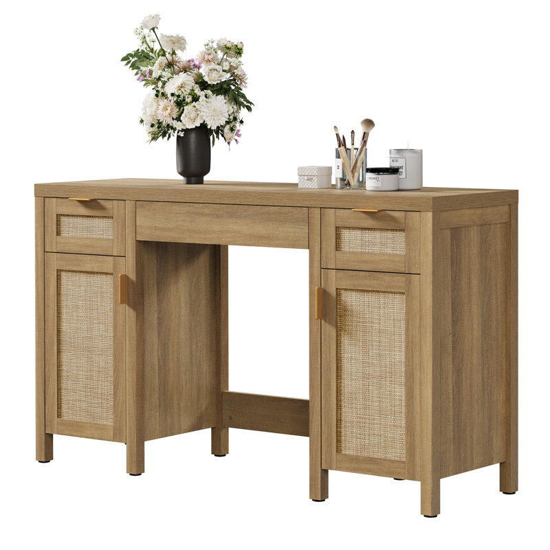 Bohemian Rattan 3-Drawer And 2-Cabinet Makeup Vanity Desk With Adjustable Shelves INCOMPLETE 