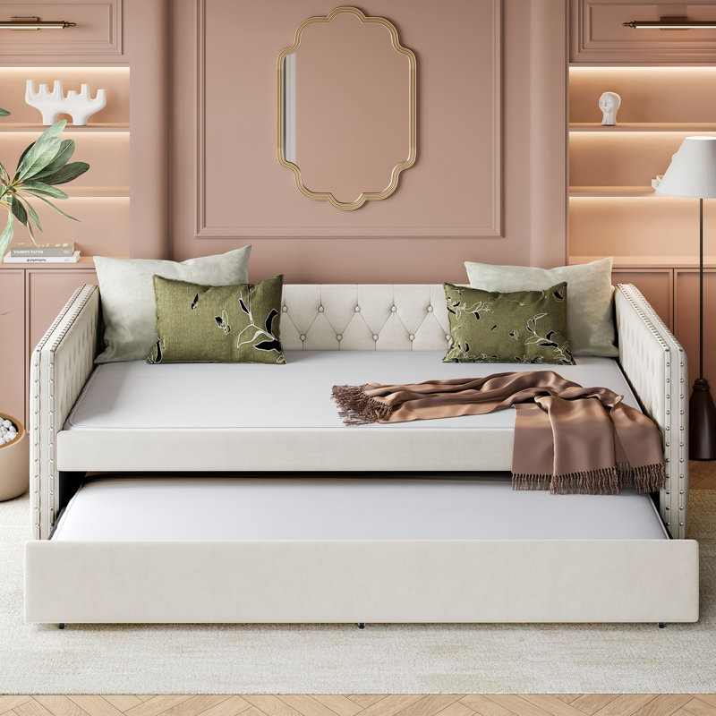 full size daybed, upholstered tufted sofa bed with trundle, daybed with button & copper nail on square arms, full daybed with twin trundle\nincomplete 
