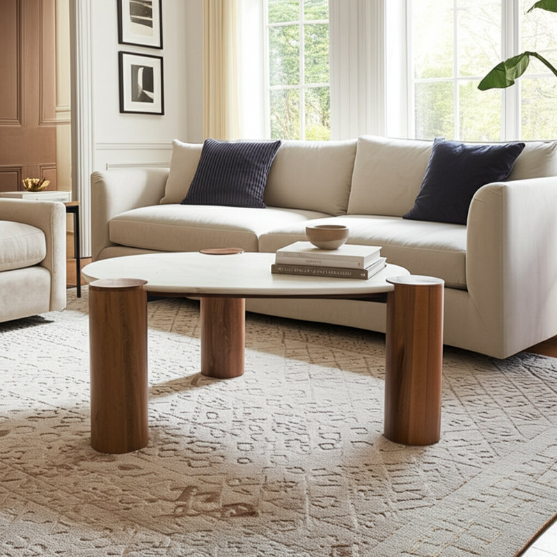 Coffee Table Marble and Wood Curved Top and Cylindrical Legs, Living Room Table - 42" Brown
