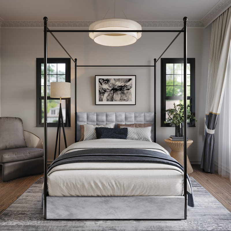 Zahiya Upholstered 4 Drawers Metal Storage Canopy Bed