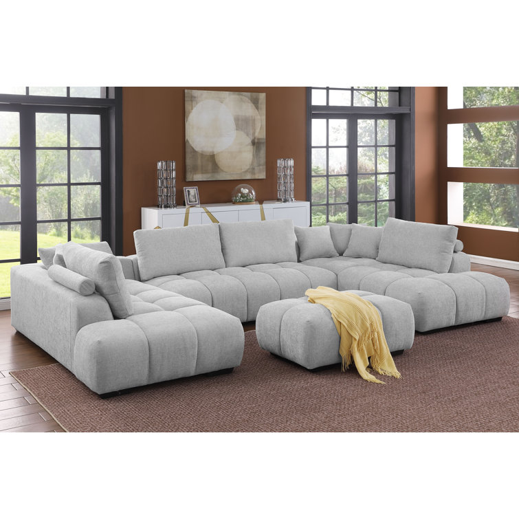 (Incomplete)Kreindy 143\" Wide 4 Piece Upholstered Chenille U-Sectional Double Chaise , Fluffy Deep Tufted Cushion