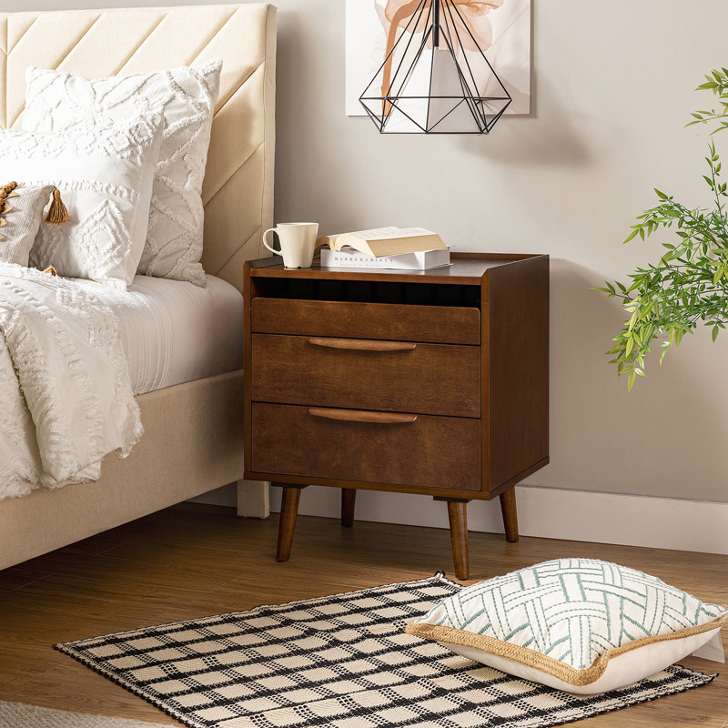 Sebrina Mid-century Modern 3 - Drawer 28“ Tall Nightstand with Built-In Outlets and Solid Wood Legs