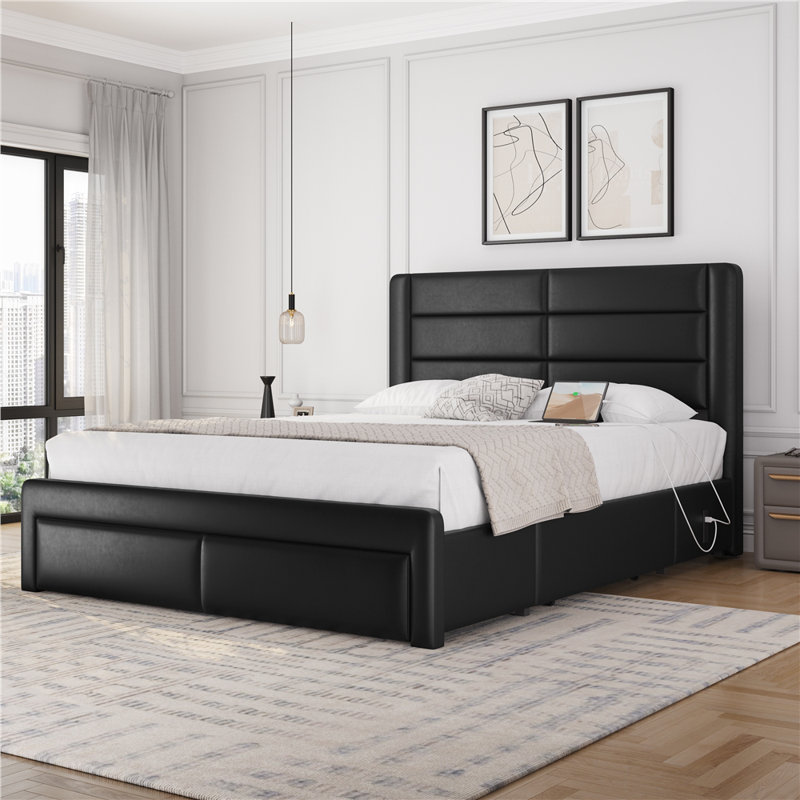 Avelle Vegan Leather Metal Platform Storage Bed with 3 Storage Drawers and Built-In USB Ports INCOMPLETE 