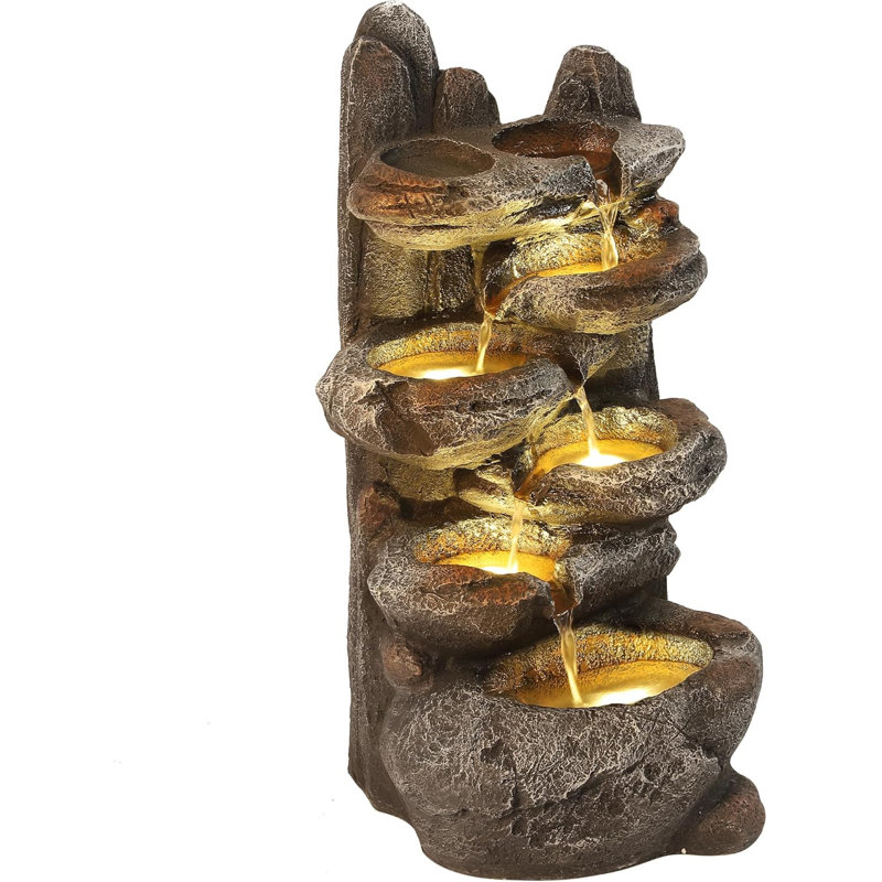 6-tier cascading rock water fountain outdoor garden waterfall with lights