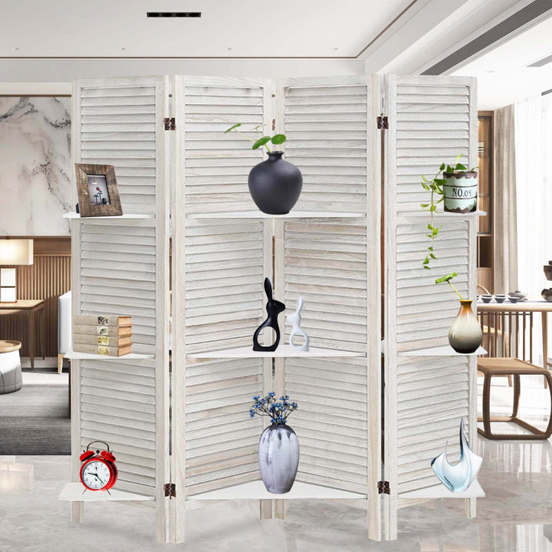 4 panel wood room divider folding privacy screens with shelves