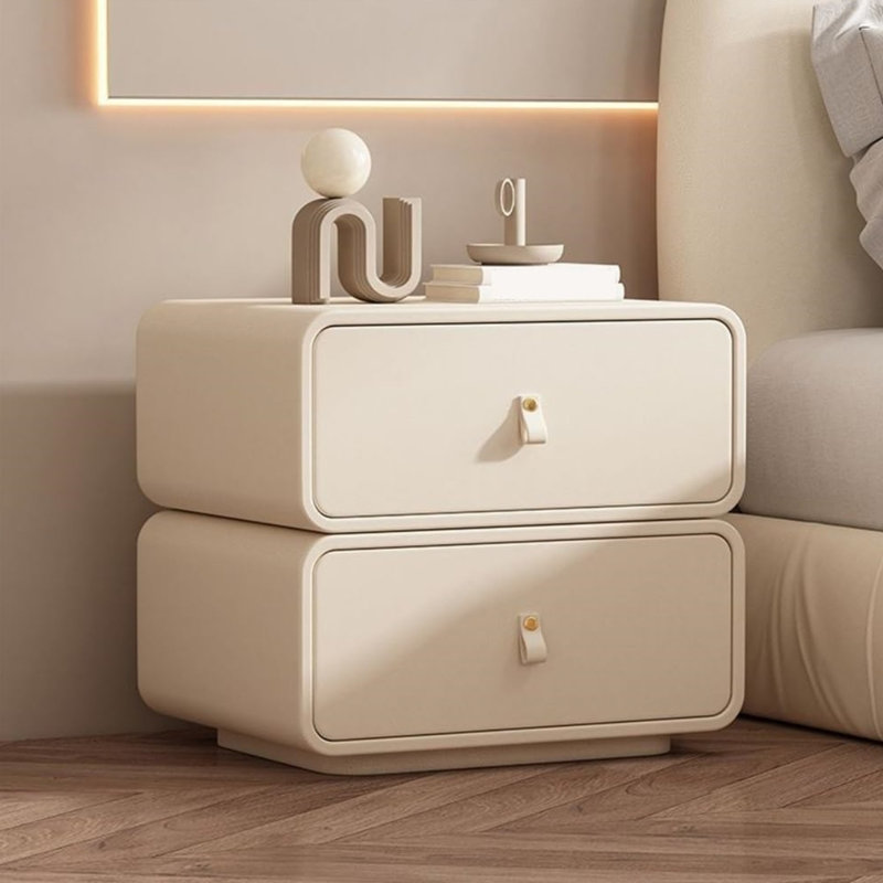 Safeera 19.7-inch French light luxury cream champagne double drawer solid wood bedside table living room side table cabinet fully wrapped in microfiber leather