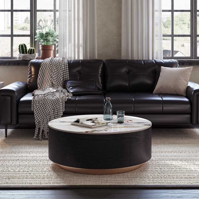 Drum Coffee Table, Sintered Stone Top, 2 Solid Wood Drawers, Fully-Assembled INCOMPLETE 