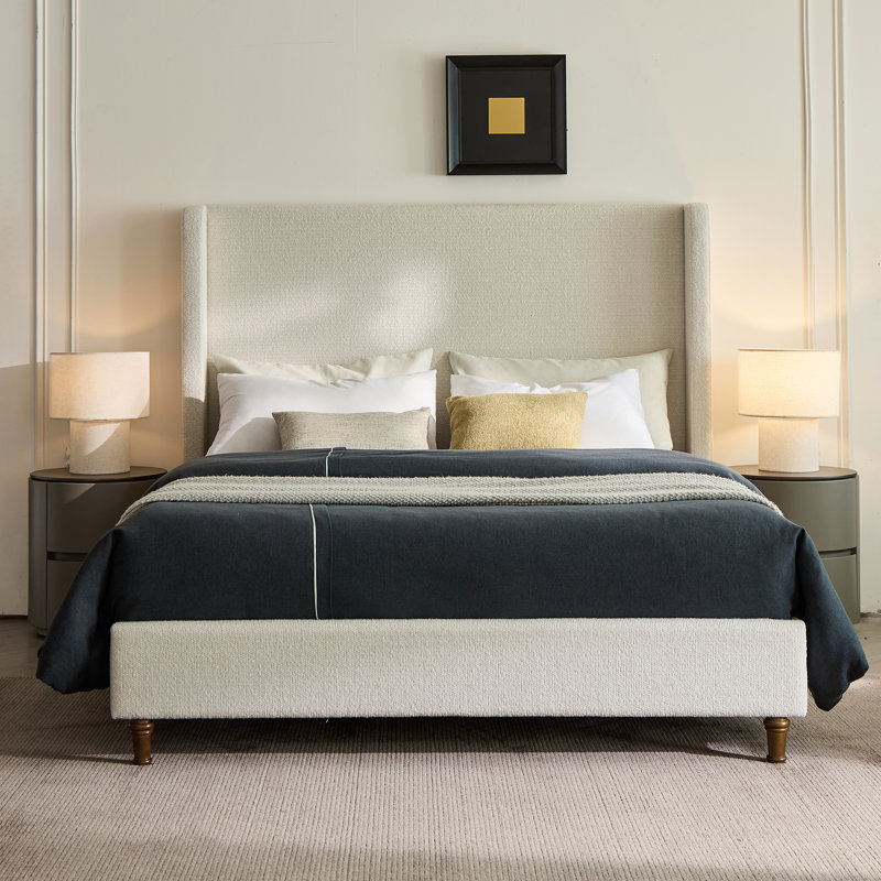 54" H Queen Size Harper Wingback Upholstered Bed, With Metal Frame And Oak Feet Cream Boucle Upholstered Bed Frame No Box Spring Needed