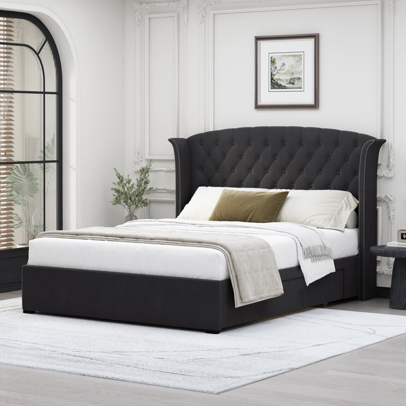 tanikia bed frame with storage drawers and velvet upholstered wingback headboard – durable platform bed with spacious under-bed drawers, metal support, no box spring needed