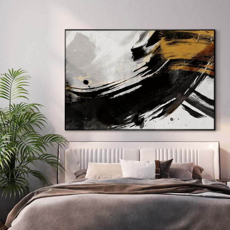 Contemporary Abstract Dynamic Black Brushstroke Home Decor Extra Large Framed Wall Art Print (Framed Assembly Required)