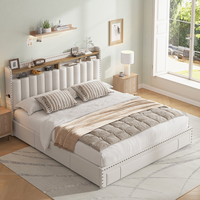 Incomplet))Upholstered Storage Bed Frame with 3 Drawers and 2-Tier Shelf Headboard,No-Noise