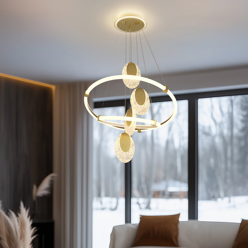 LED Ring Chandelier Lamp Ceiling Tiered Geometric Lighting With Acrylic Waterdrop Pendant