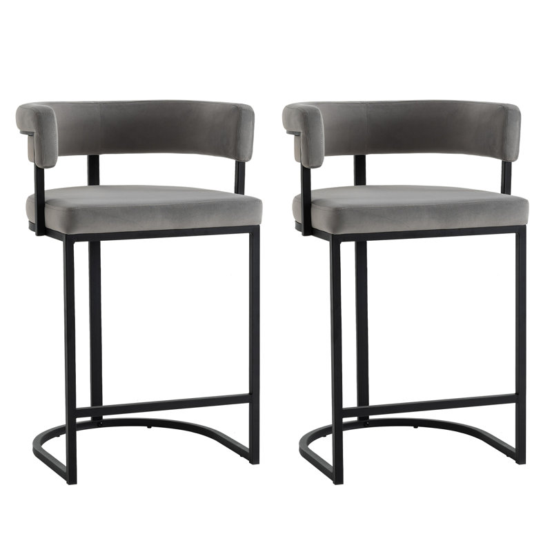 modern velvet bar stools with barrel backrest, upholstered seat, and metal footrest – 25.6-inch seat height, ideal for counters, home bars, and kitchen islands (set of 2)