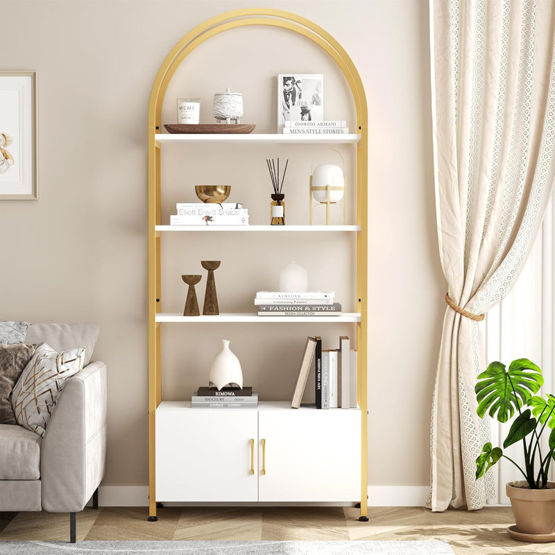 71.5" Arched Bookshelf with Cabinet - 4-Tier Metal Frame Bookcase for Living Room & Office, Adjustable Feet