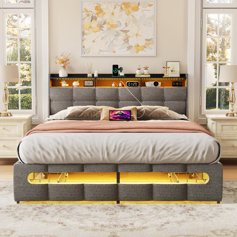 (incomplete) upholstered bed frame with drawers with storage headboard,charging station led light
