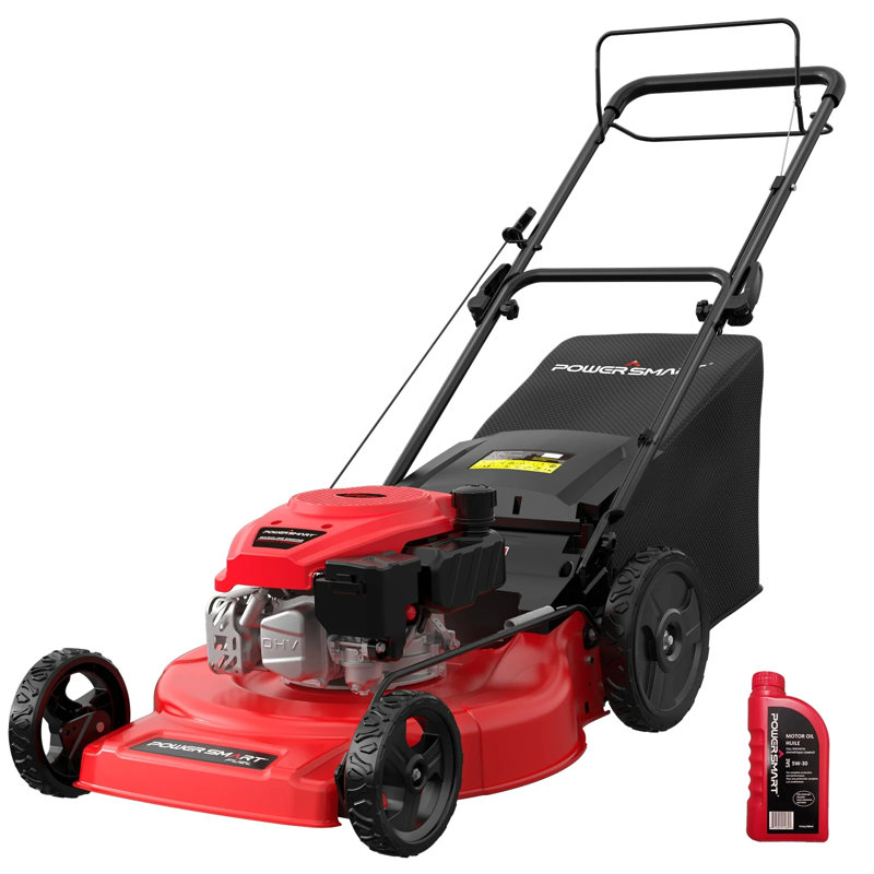 powersmart 22" gas self propelled lawn mower,3-in-1, 170cc engine, 6-position height adjustment, 22" steel deck, rear bag, mulch & side discharge