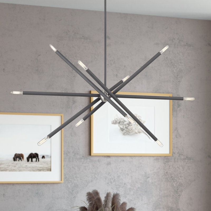 10 Light Scandinavian Gray Large Linear Chandelier With Brushed Nickel Finish Accents