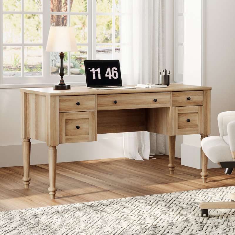 ( Brown white)Scarlett Farmhouse 56'' Executive Desk With 5 Drawers, Home Office Desks With Charging Station, Wood Computer Desk With Rear Storage Compartment Design, Writing Desk For Work And Study