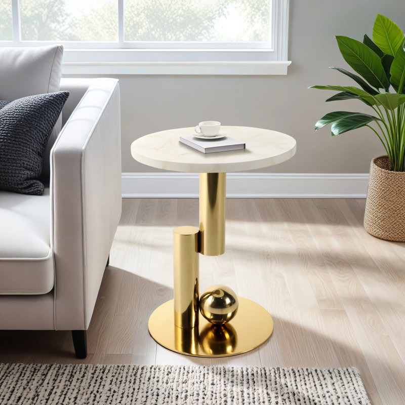 Modern Quartz Top End Table with Gold Base – Elegant Small Side Table for Living Room, Bedroom, Office, or Accent Space – 18” Round Contemporary End Table for Home Decor INCOMPLETE 