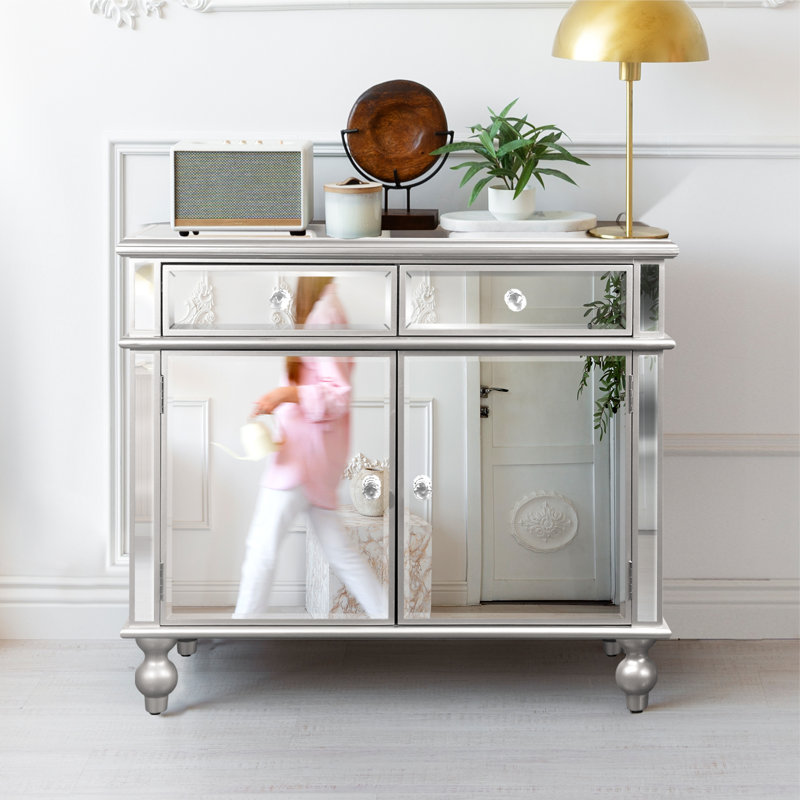 Mirrored Console Table, Silver Sideboard Buffet Cabinet With 2 Drawers And 2 Doors For Kitchen, Entryway, Living Room INCOMPLETE 