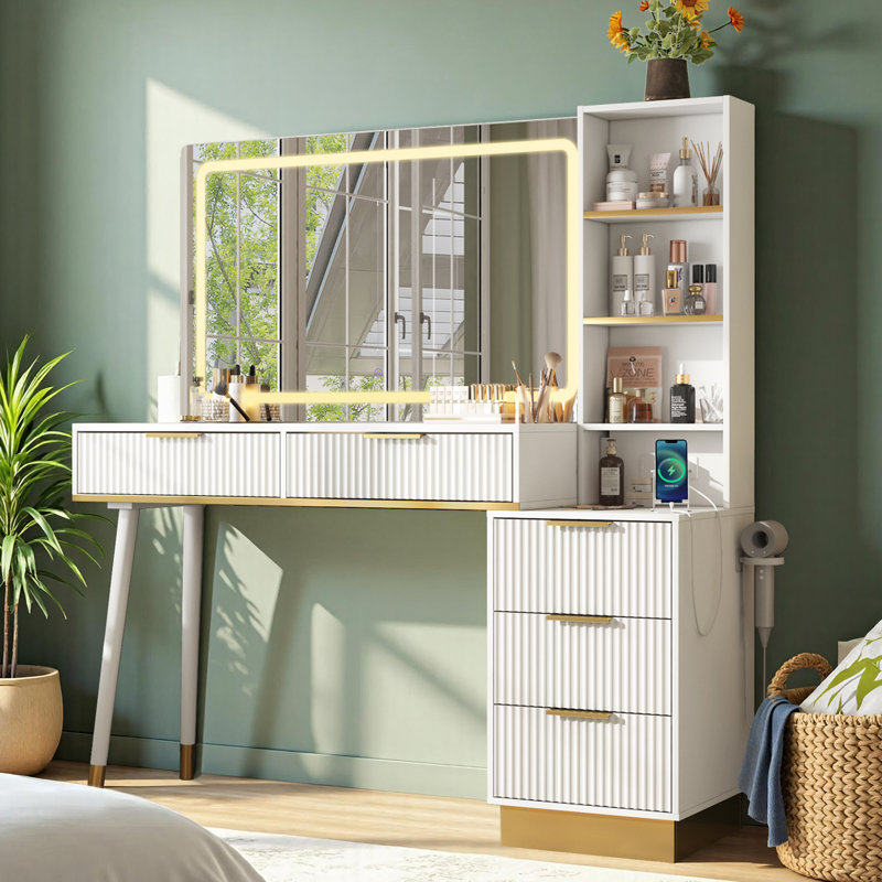 Mercer41 48\" Vanity Desk with 35\" Large Lighted Mirror, 5 Drawers & Shelves & Charging Station INCOMPLETE 