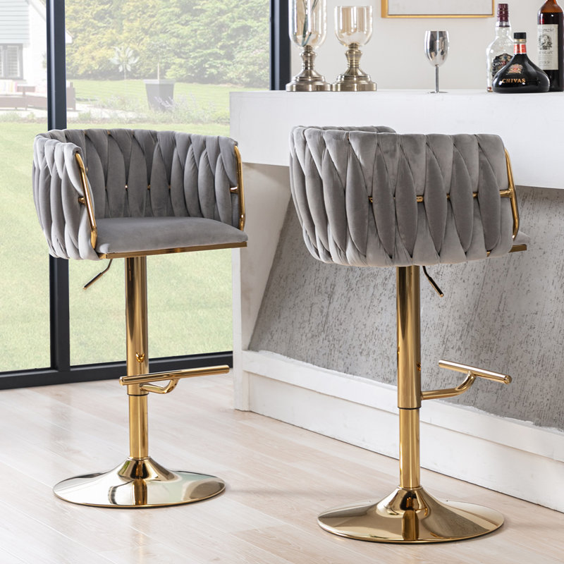 Swivel Adjustable Height Bar Stool Modern Velvet Barstool with Barrel Back Kitchen Island Counter Bar Chair with Golden Base INCOMPLETE 