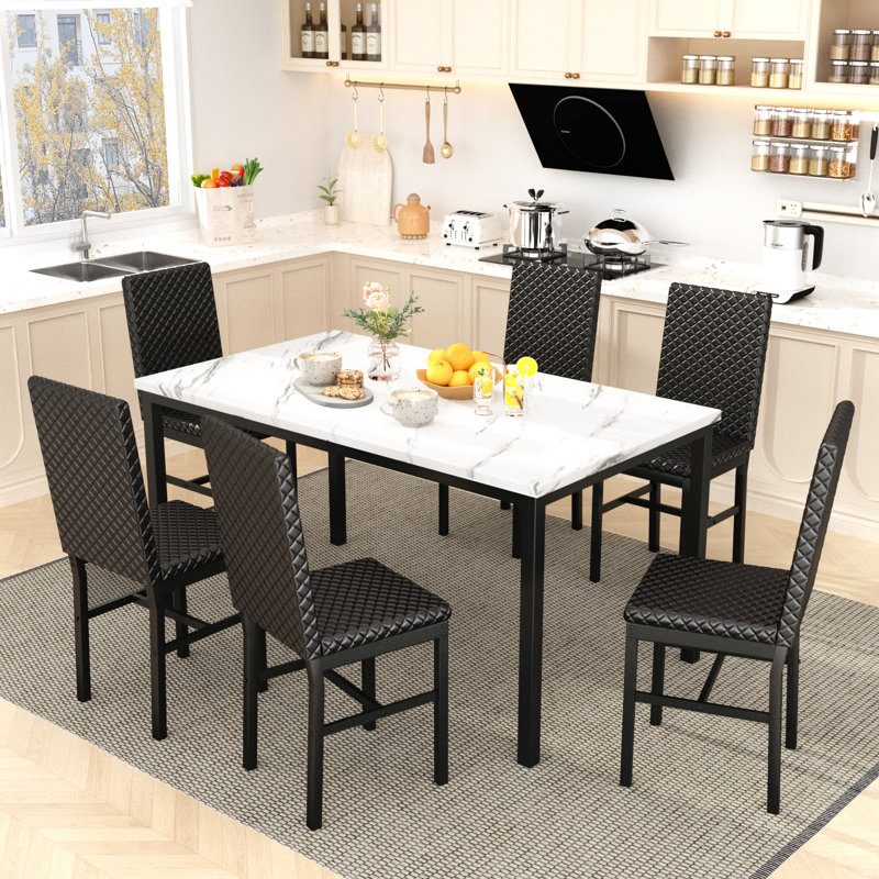 6-Person (7-Piece) Rectangular Kitchen Dining Table And Chairs Set, Black Lattice Leather Seats And White Tabletop Dining Table And Chairs 7-Piece Set For Dining Room, Kitchen