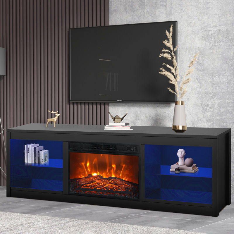 66\" TV Stand With 23\" Insert Electric Fireplace And Open Storage Shelves Media Console For Tvs Up To 75\" INCOMPLETE 
