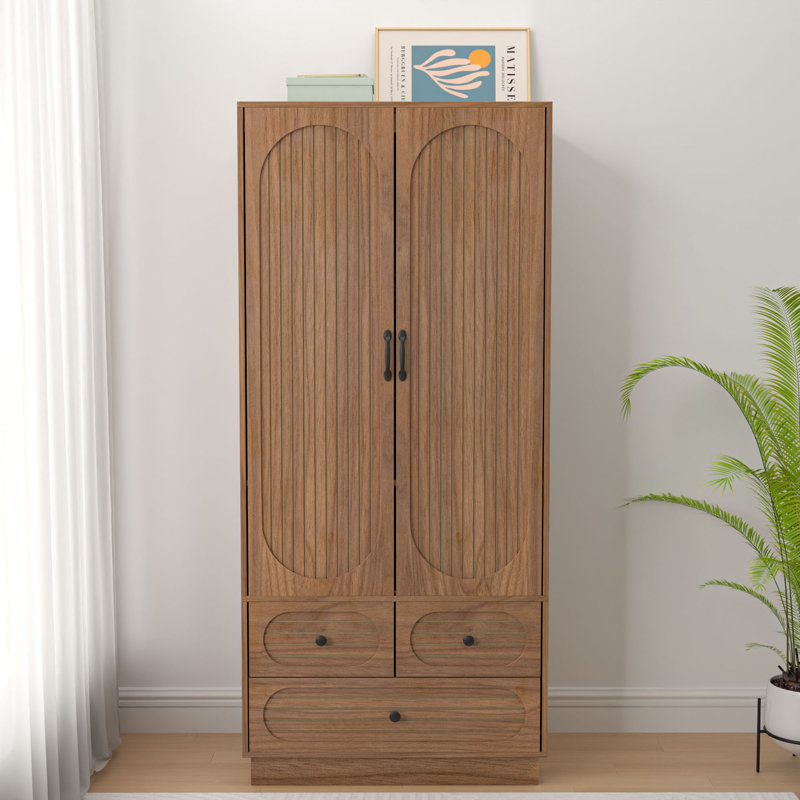 armoire wardrobe closet, wardrobe armoire with 3 drawers and 2 fluted doors, wardrobe cabinet with shelves and hanging rod, freestanding armoire cabinet
incomplete 
