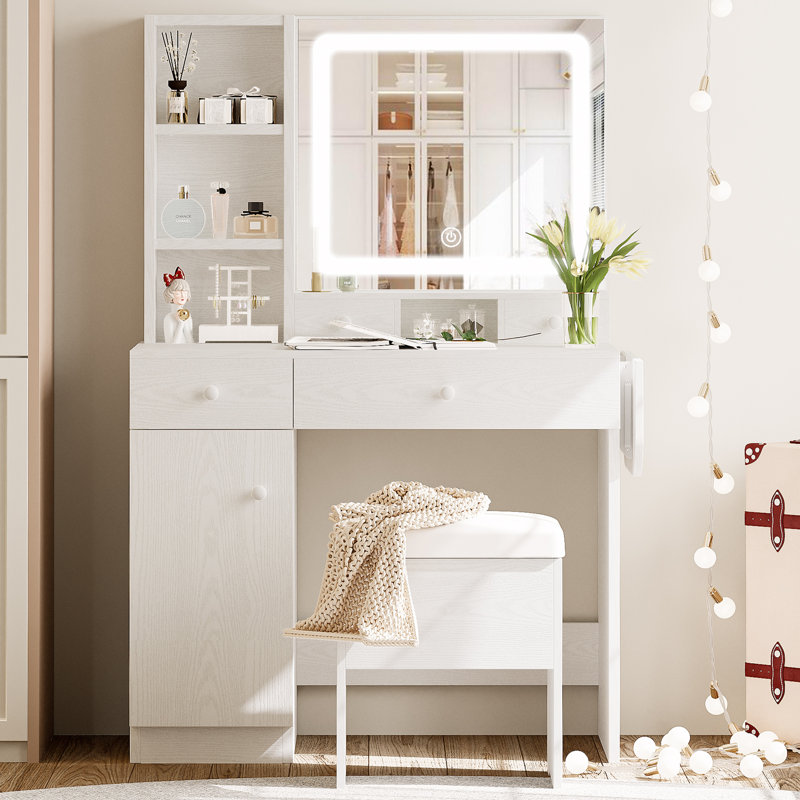 jakaylen vanity makeup desk with led light and charging station, dresser table with 4 drawers, 4 open shelves for bedroom, checkroom