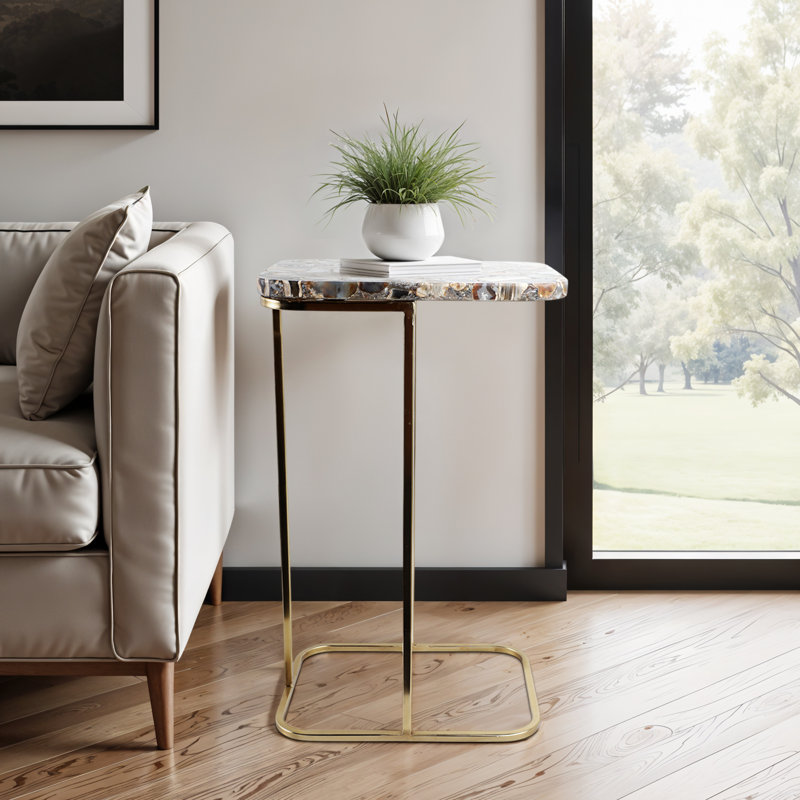 side table with agate top and gold metal base, c-shaped end table for living room, modern accent table, 24"