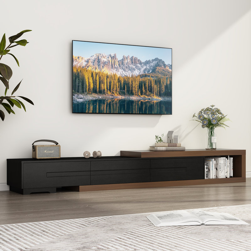 extendable tv stand, wood reversible entertainment center with 3 large drawers