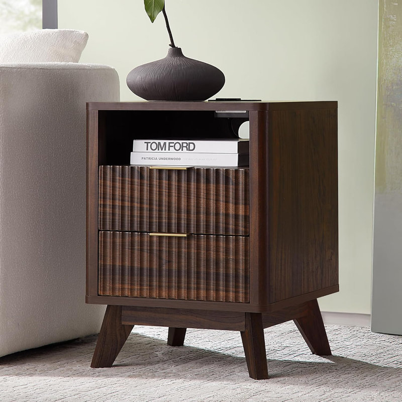 hardester vintage 2 - drawer nightstand with charging station, bedside table with open shelf